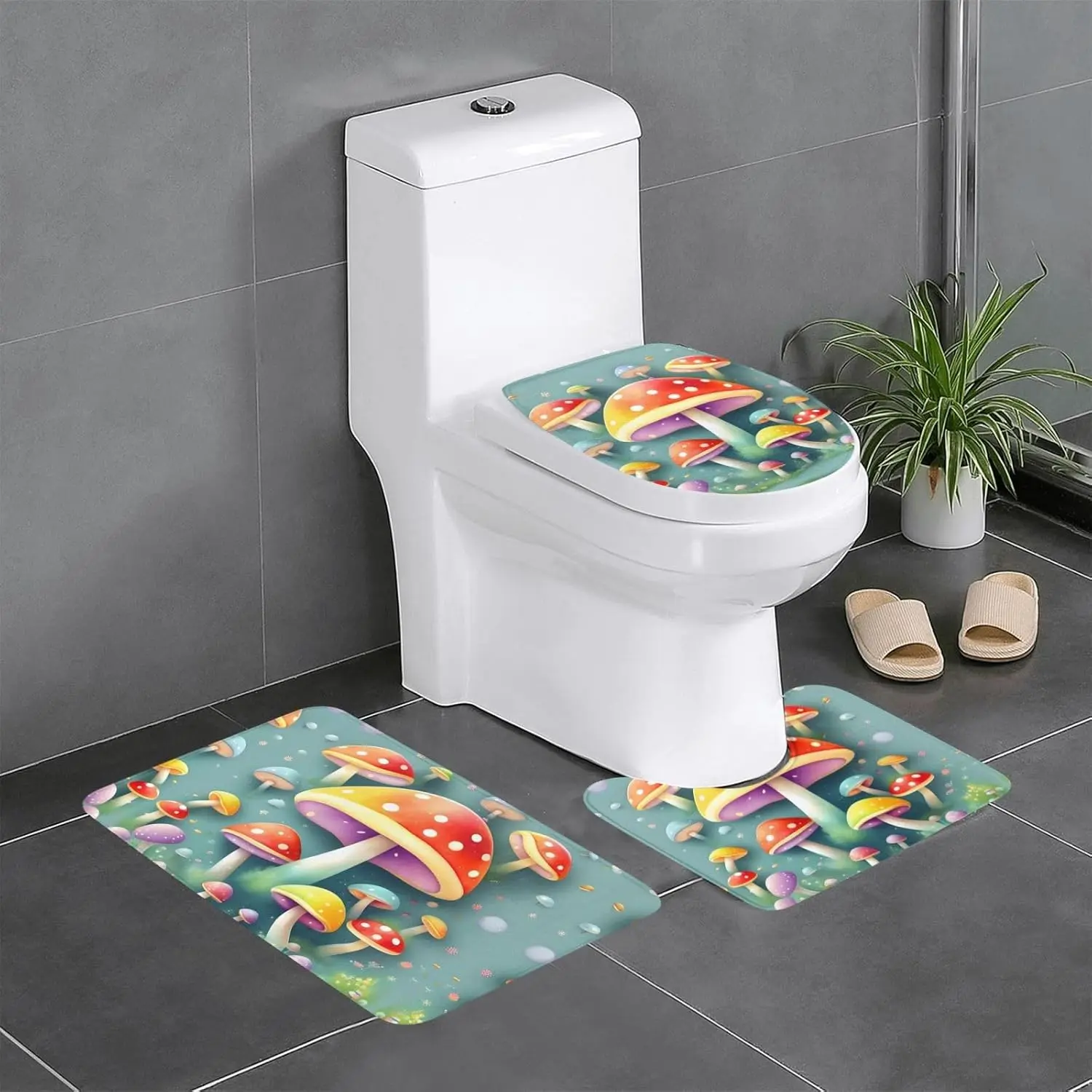 

Набор из трех ковриков для ванной комнаты — Мягкий и прочный фланелевой материал — Легко чистится и нескользящий для туалетного столика. Симпатичные цветные грибы.