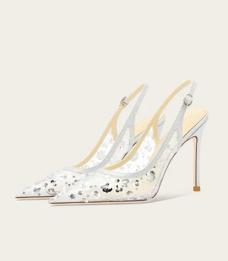 Niche French pointed sandals for women's summer new style mesh silver high heels for women's back empty single shoes