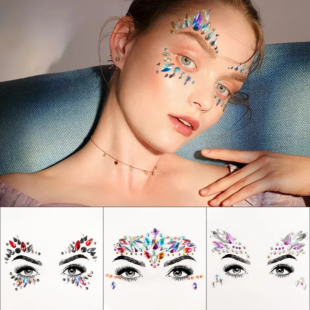 3D Face Jewel Crystal Body Art Sticker Make Up Festival Face Gems Glitter Rhinestones Face Tattoo for Festival Party Dressing UP