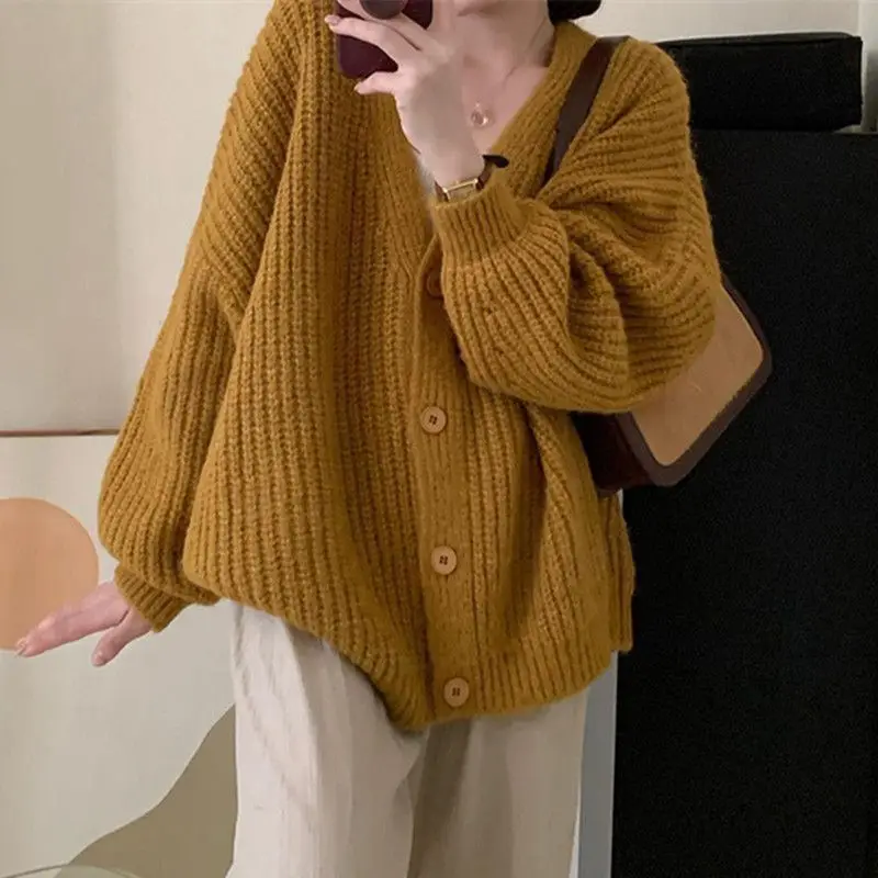 Lazy Style Coarse Needle Sweater Cardigan Loose Bat Sleeves Slimming Knit Sweater Jacket