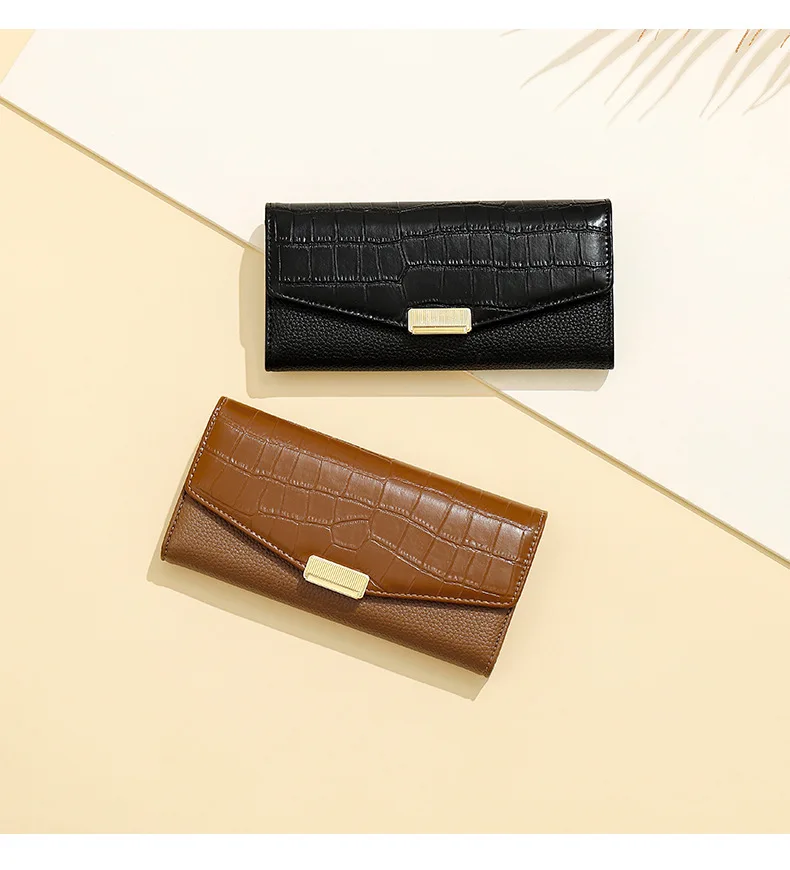 Senhoras high-end bolsa de embreagem de couro do plutônio comprimento médio outono inverno grande com três dobras padrão de pedra envelope bolsa para mulher