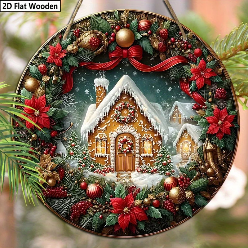 2D Flat - A 2D Flat Wooden Sign Featuring a Christmas Candy Gingerbread House Wreath Logo, Designed for Decoration on Front Door