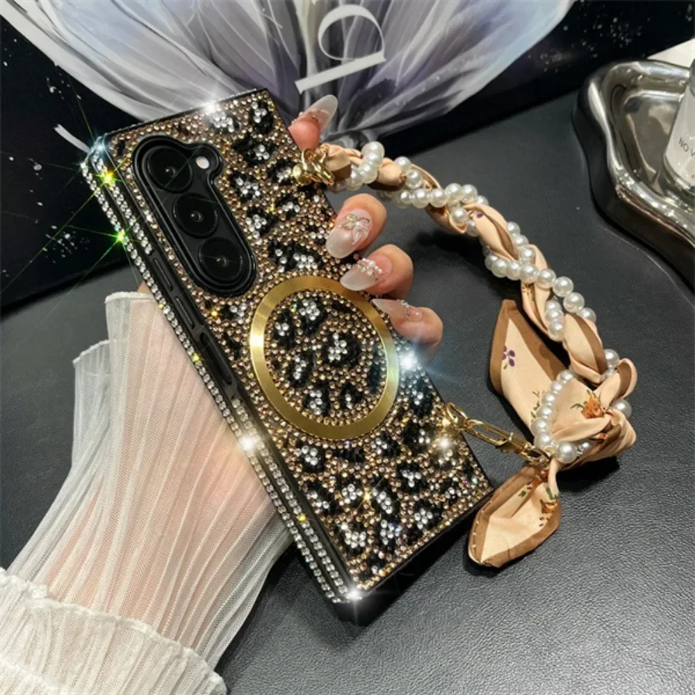 Hand Chain Wrist Strap Pearl Silk Scarf Bling Glitter Leopard Print Magnetic Phone Case For Samsung Galaxy Z Fold 7 6 5 4 3 5G