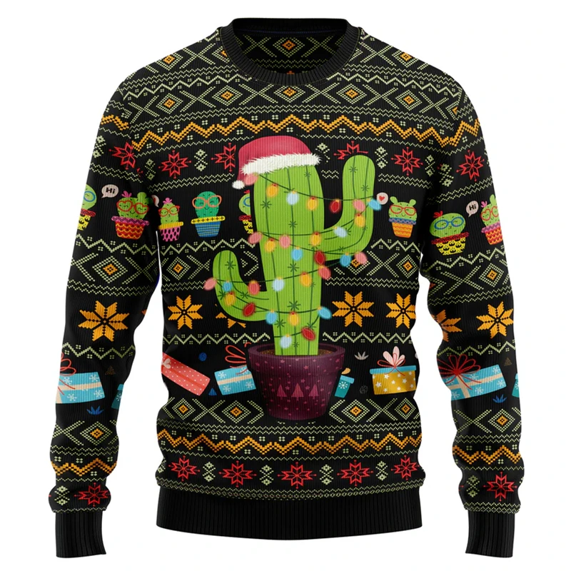 New In Cactus Pattern Ugly Christmas Sweater For Men Fashion Holiday Xmas Gift For Kids Sweatshirt Casual Loose Pullovers Tops