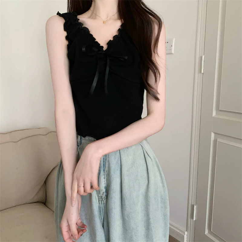 Donne Camis coreano nuova estate solido Design senso nicchia senza maniche top stile Preppy versatili serbatoi corti sottili femminili