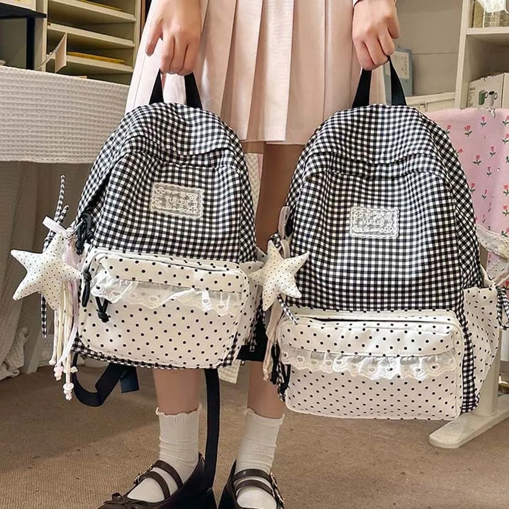 Korean Style Plaid Backpack Pastel Color Ruffle Design Lace Schoolbag Large Capacity Zipper Closure Gingham Daypack