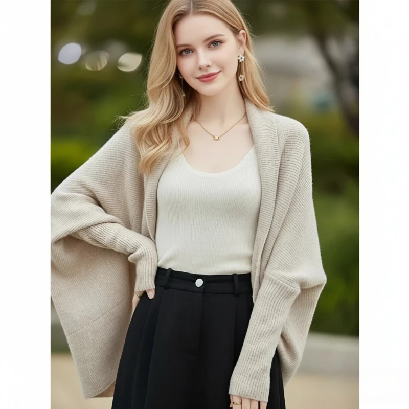 

Autumn and Winter New Women's Cardigan Batman Solid Color Sweater Fashionable and Elegant Knitted Loose Cape Vintage Shawl Top