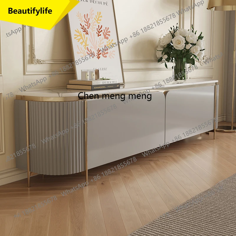 

M07 French light luxury high-foot marble TV cabinet small apartment rounded corner living room side cabinet