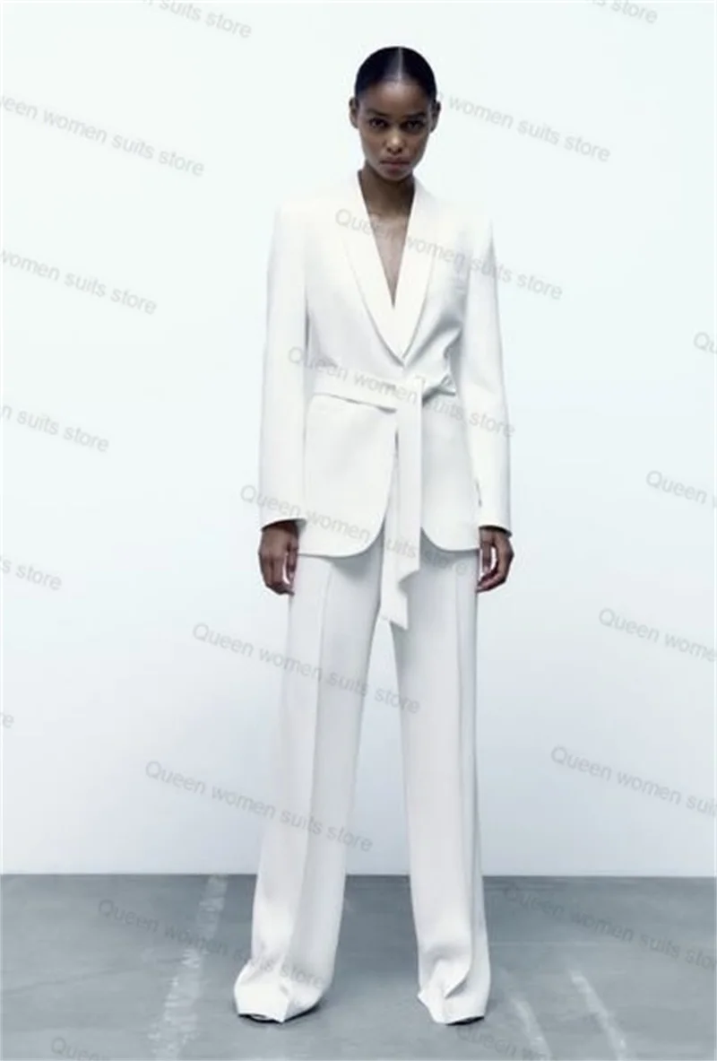 

2 Piece White Women Suits Pants Set Cotton Blazer+Trouser Prom Dress Formal Office Lady Tailored Size Jacket Coat With Belt