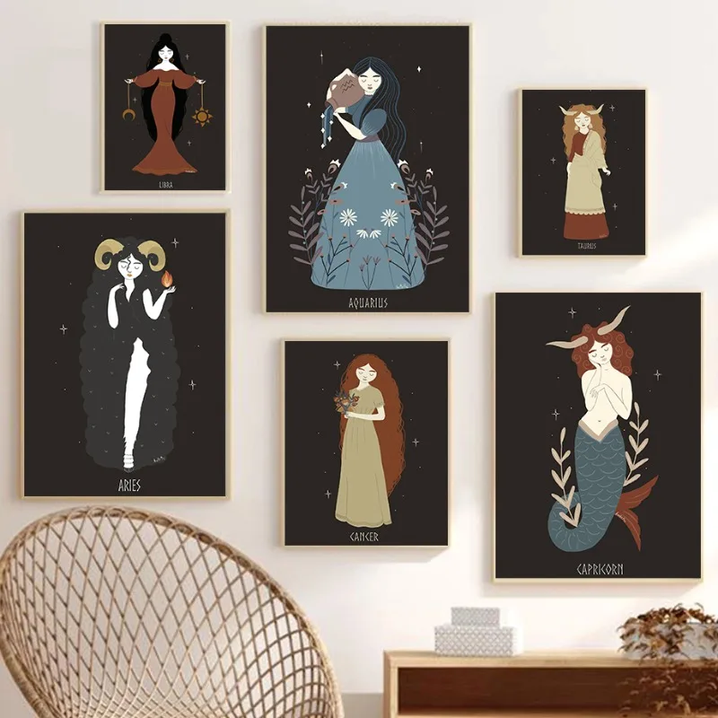 Aries Gemini Taurus Sagittarius Libra Zodiac Canvas Print Astrology Wall Art Boho Pagan Wiccan SunMoon Goddess Folk Art Decor