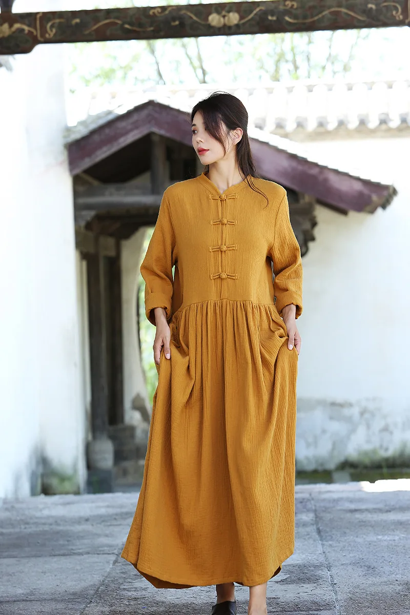 

Женская одежда из хлопка и льна 2025 года, женское платье из хлопка и льна в винтажном художественном стиле, двухслойная китайская марля из хлопка