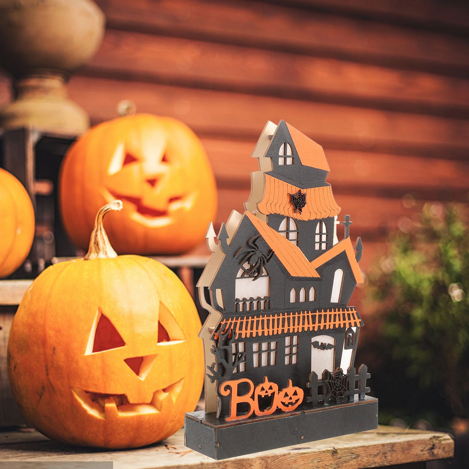 Haunted House nament Halloween Adornment Decoration Home LED Small Wooden Decorative House Shaped Supplies Office