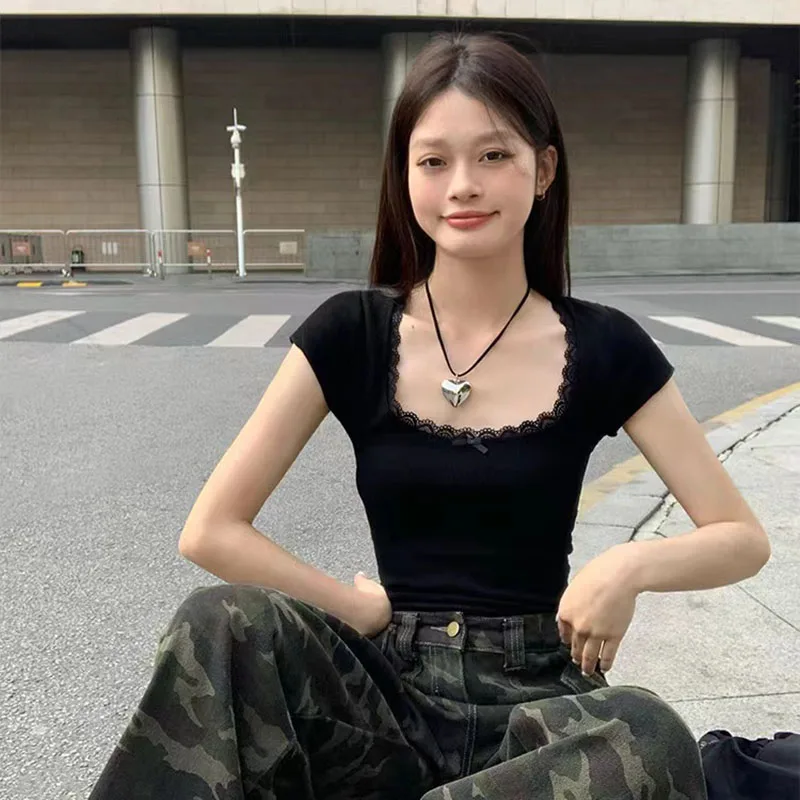 Y2k Lace Patchwork Crop T-shirt Women Vintage Streetwear Sexy Slim U Neck Tops Female Harajuku Korean Bow Chic Bottoming Tees image 5