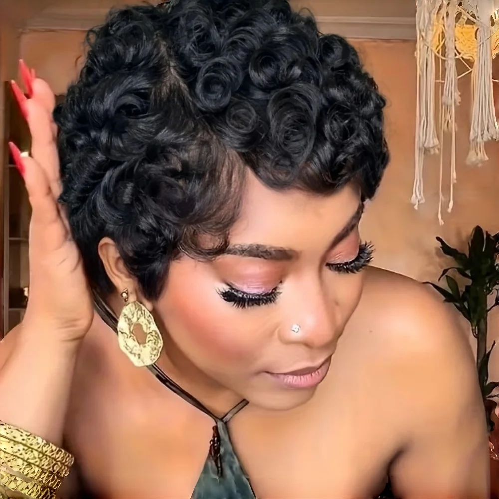 

Парик из натуральных волос Pixie Cut для женщин, волнистый, розовый, кудрявый, с челкой, короткий, пышный, полностью машинной работы.