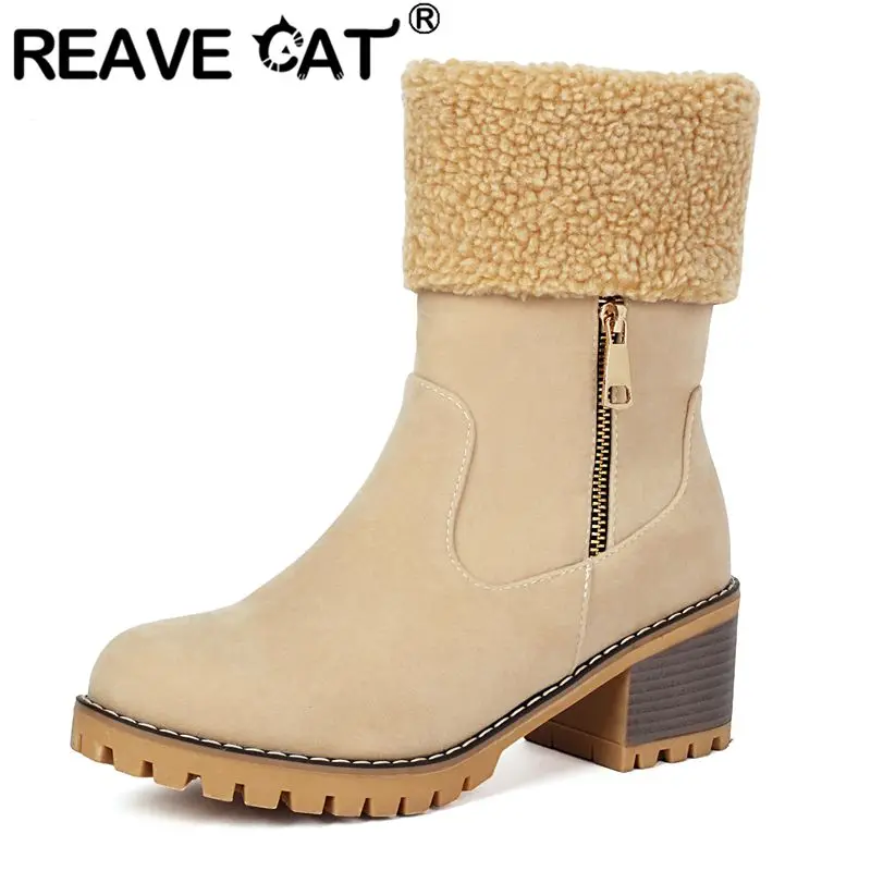 

REAVE CAT 2026 Warm Women Mid Calf Booties Round Toe 6cm Chunky Heel Zipper Flock Suede Plush Snow Bota Extended Sizes 41-43