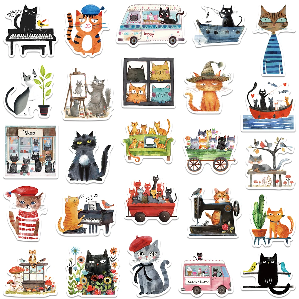 50pcs Funny Cartoon Animals Aesthetic Cats Stickers DIY Waterproof Graffiti For Luggage Water Bottle Luggage Notebook Decals