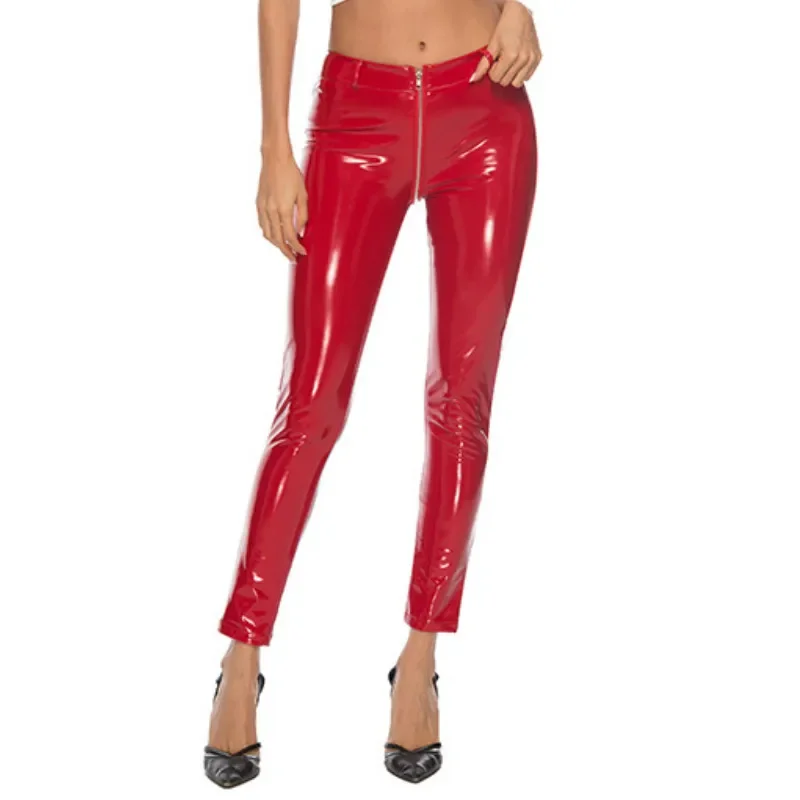 Pantalones sexis de cuero de PVC para mujer, pantalones con aspecto húmedo líquido, entrepierna abierta con cremallera, mallas ajustadas brillantes, disfraz de mujer
