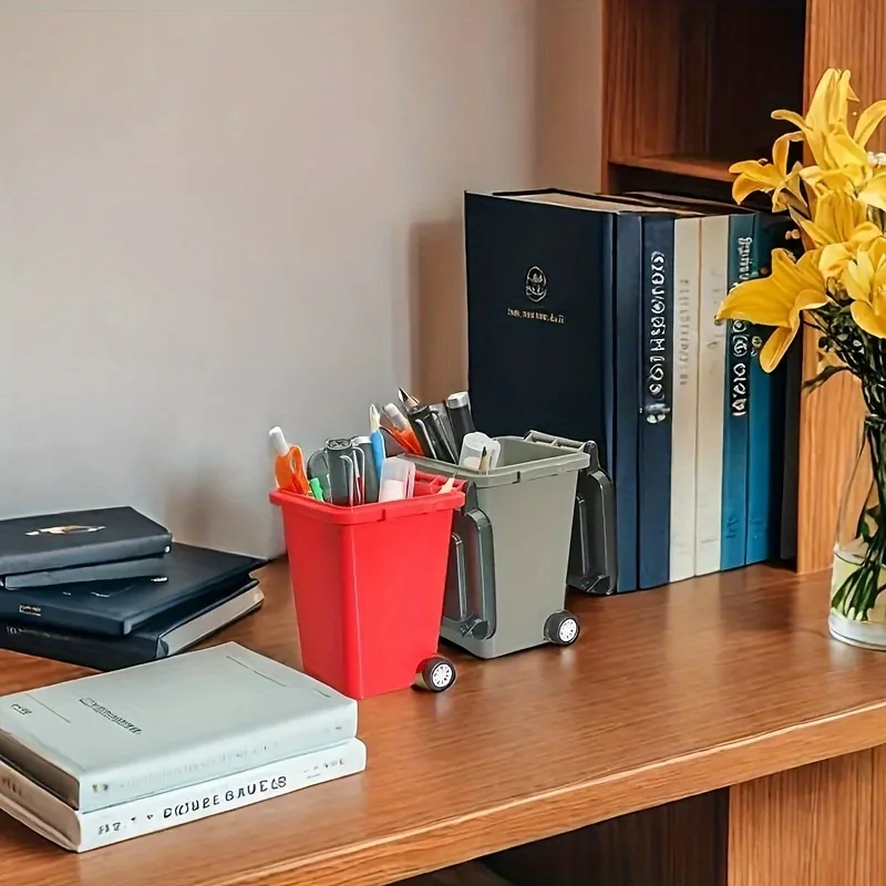 1pc Portable Mini Office Desk Trash Bin Pen Holder - Office Supplies Storage view 2