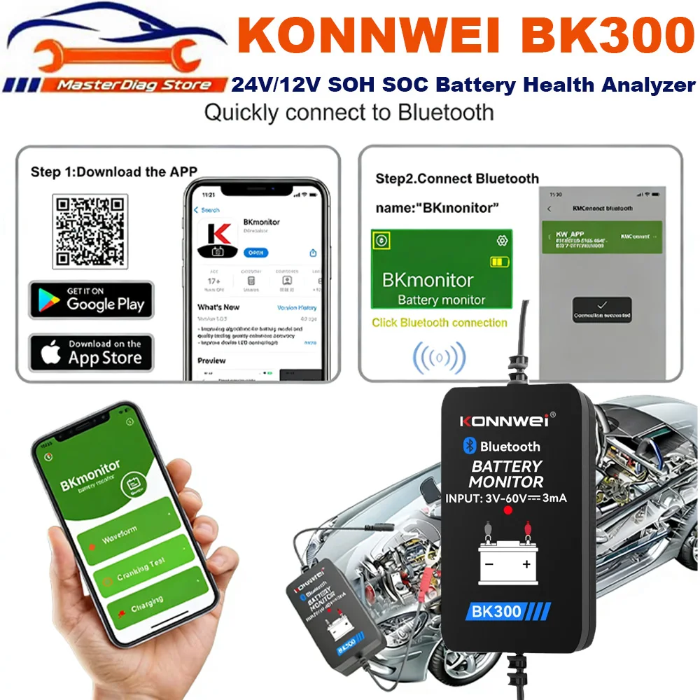 

Newest KONNWEI BK300 Battery Monitor Truck 24V Battery Tester 12V SOH SOC Battery Health Analyzer