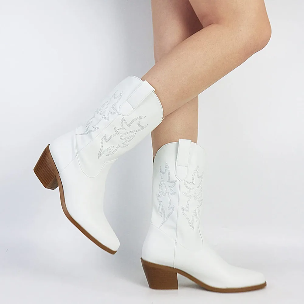 حذاء برقبة كاحل راعية البقر الراقي للنساء ، حذاء برقبة غربي ، إصبع مدبب ، حذاء بكعب متوسط مكتنز ، ترفيهي ، كل المقاسات