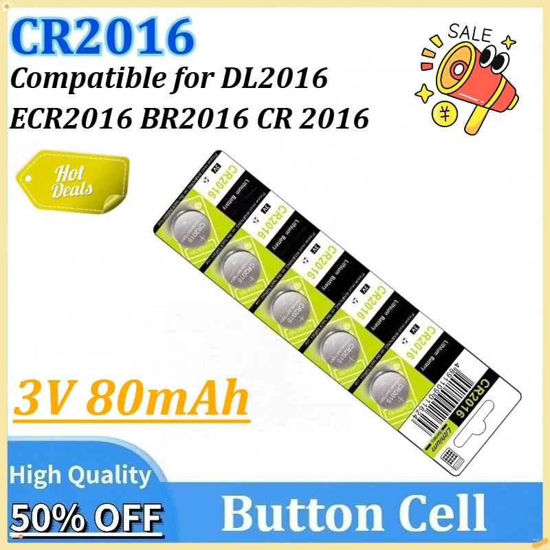 

5-100PCS 3V 80mAh CR2016 Button Battery ECR2016 BR2016 DL2016 CR 2016 Coin Cells for Motherboard Watch Car Key Remote Computer