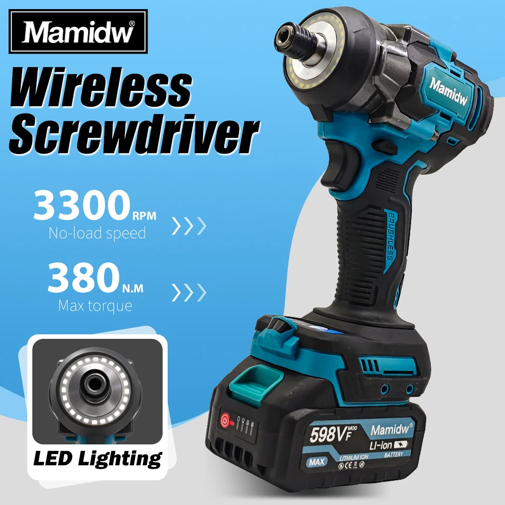 Mamidw Bürstenloser Akku-Schlagschrauber, 380 N.M Max. Drehmoment, 3300 U/min Leerlaufdrehzahl, Kabelloser Schlagschrauber mit LED-Ringlicht, für Holz- und Metallkonstruktionen, Reparaturen, für