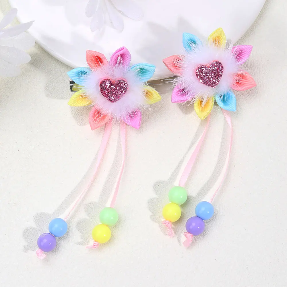 2Pcs Ribbon Sunflower Hairpin Glitter Love Heart Long Tassels Beads Hair Clips Barrettes Kids Hair Accessories Handmade Headwear images - 6