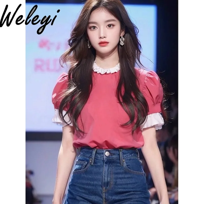 

Kawaii Wooden Ear Pink рубашки топы шикарные красивые с коротким рукавом Poleras уникальная маленькая блузка корейская мода Топ для женщин Лето
