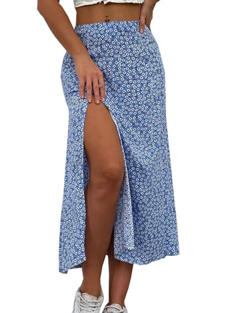 Saia Midi Feminina Linha A de Poliéster Estampada Longa Dividida Alta, Bodycon Feminino, Elástico, Moda Vintage, Verão, Senhora do Escritório