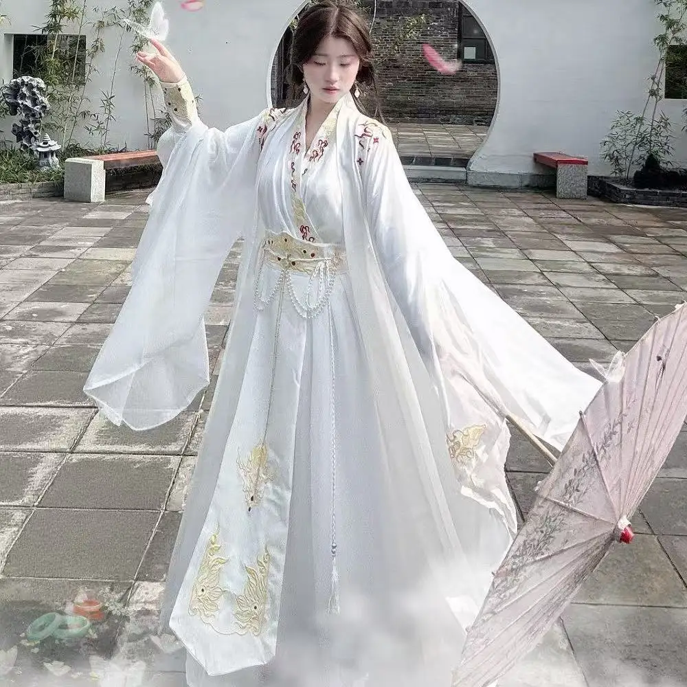 

Men Women White Embroidery Hanfu Traditional Chinese Cross Collar Large Sleeve Shirt Vintage Fairy Martial Cosplay Costume Hanfu