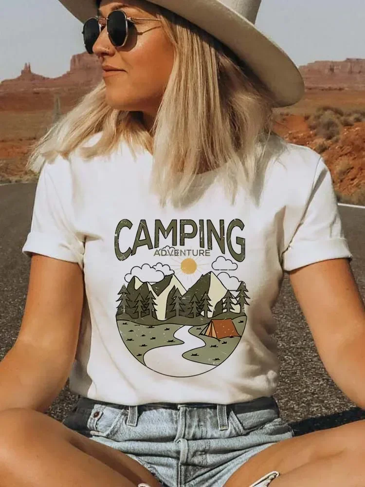 Fashion Style Short Sleeved Clothing O-Neck T-Shirt Women\'s Mountain Camping Pattern Basic T-Shirt Printed Casual Top T-Shirt.