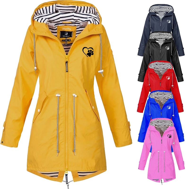 

2023 Women's waterproof and rainproof long jacket printed hood zippered trench coat women's windproof sports jacket