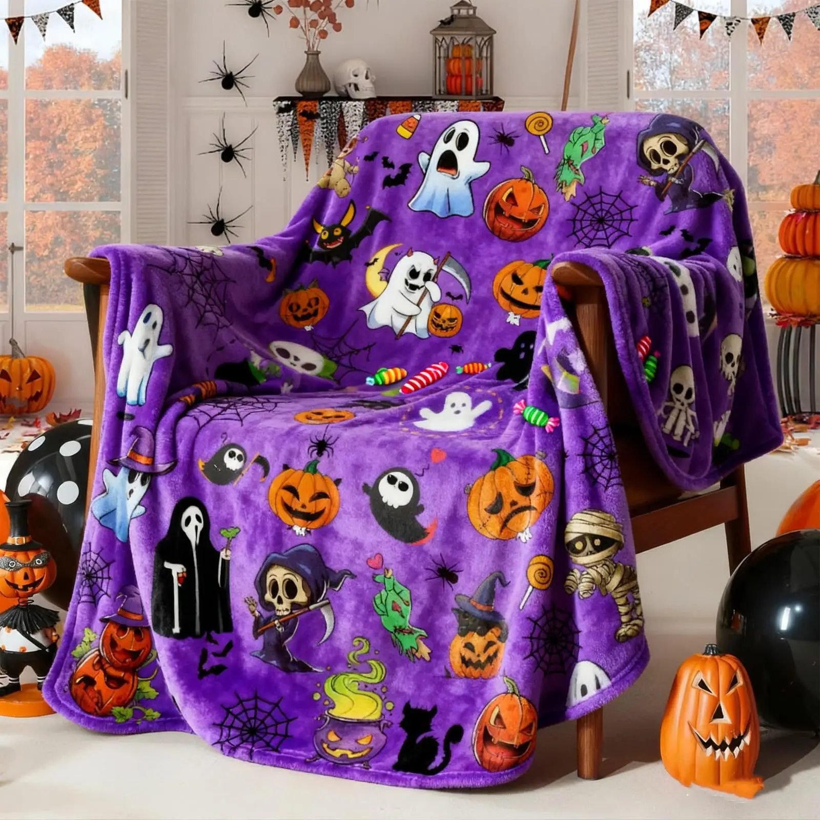 Flannel Blanket Classic Black Cat Ghost Pumpkin Halloween Digital Printing Blanket Source Manufacturer Wholesale Anime Blanket
