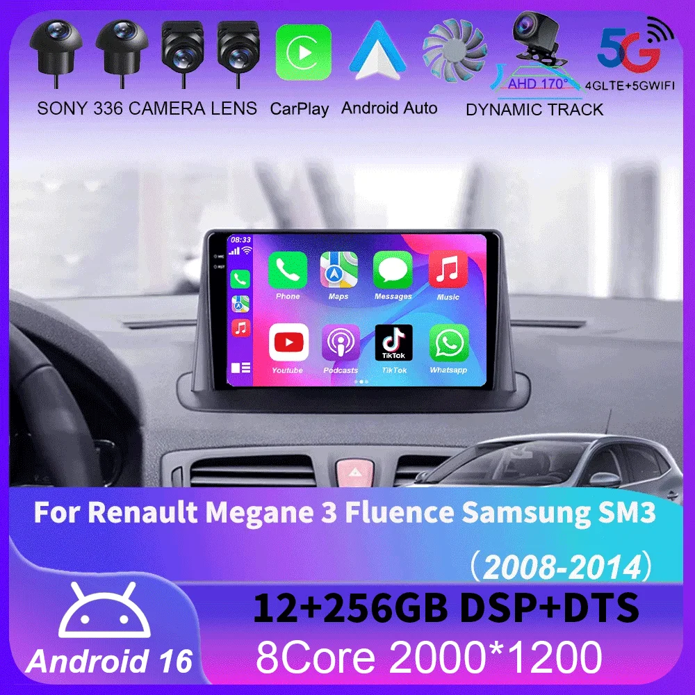 

For Renault Megane 3 Fluence Samsung SM3 2008 - 2014 9“ Android 16 Carplay Car Radio Navigation GPS Multimedia Player wifi+4G B