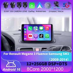For Renault Megane 3 Fluence Samsung SM3 2008 - 2014 9“ Android 16 Carplay Car Radio Navigation GPS Multimedia Player wifi+4G B