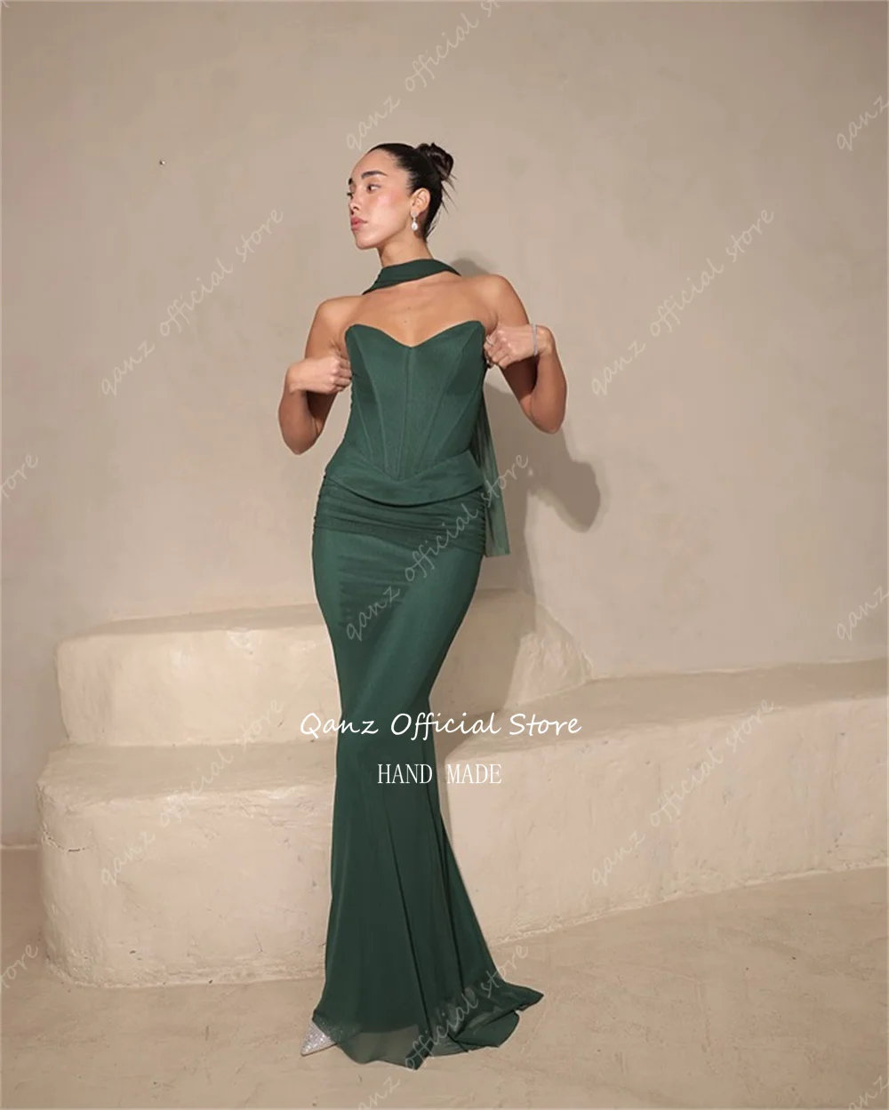 Qanz Baby Blue Chiffon فساتين لحضور الحفلات الموسيقية حورية البحر Modst Vestidos De Fiesta بدون حمالات مشد خلفي رداء De Soirée نسائي مخصص