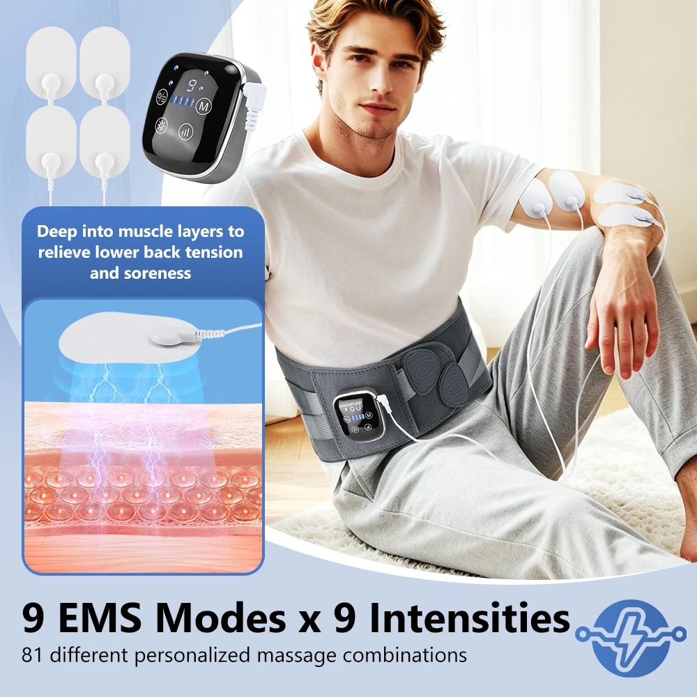 Electric EMS Waist Massager Support Belt EMS Microcurrent Stimulation Vibration Hot Compress Brace Lower Back Muscles Relax