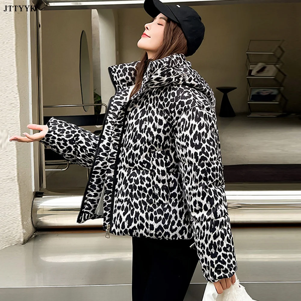 Loose Leopard Print Winter Down Jacket Women\'s Warm Padded Cotton Coat Fashion Hooded Short Parkas 2024 New Female Outerwear