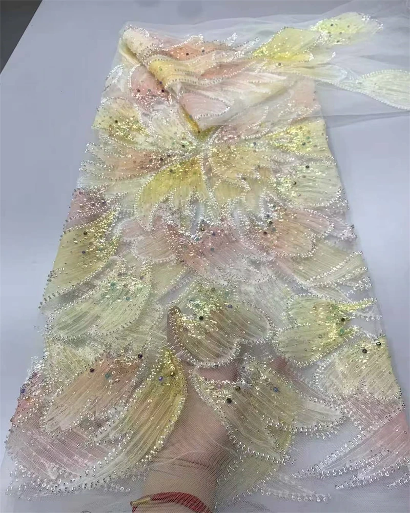 Tessuto di pizzo con perline africane di lusso Materiale per cucire abiti da festa nigeriani con paillettes di alta qualità