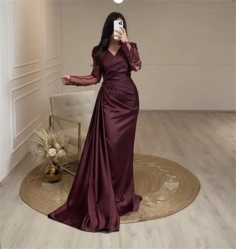 

Elegant Arabic Evening Dresses for Wedding Party Satin Mermaid V-Neck Beaded Long Sleeves Side Split Prom Party Gown