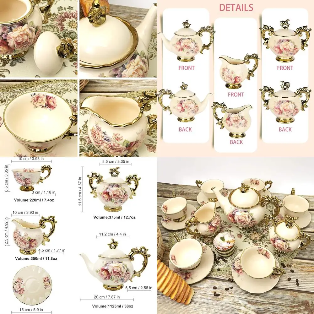 

Vintage Floral British Porcelain Tea & Coffee Set, 15-Piece, Elegant Adult Wedding Service, Large Cups