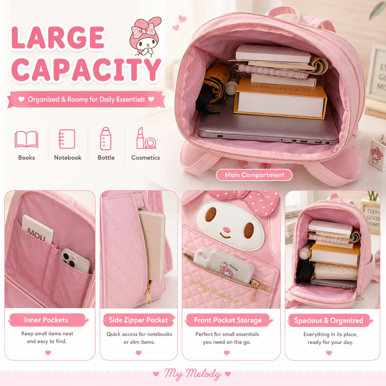 Kawaii Sanrio Backpack My Melody Kuromi Hello Kitty Cinnamoroll PU Leather Large Capacity Cute School Bag Women view 5