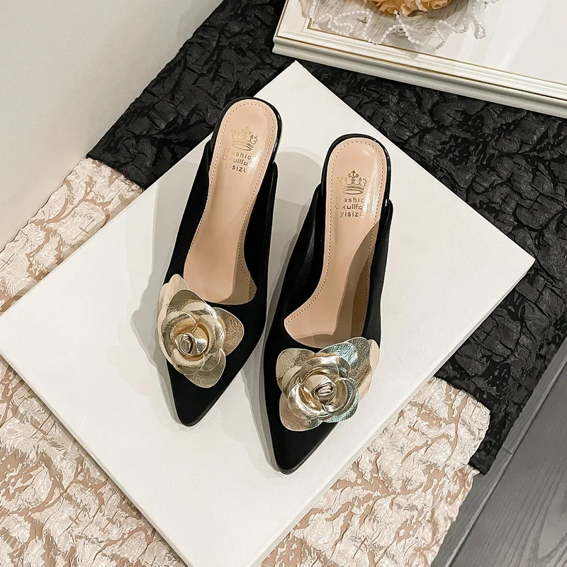 FHC New Camellia Flower Wedges Mules,Slides,Autumn High Heels Shoes,Close Pointed Toe Flock Slippers,34-40,Black,Dropship