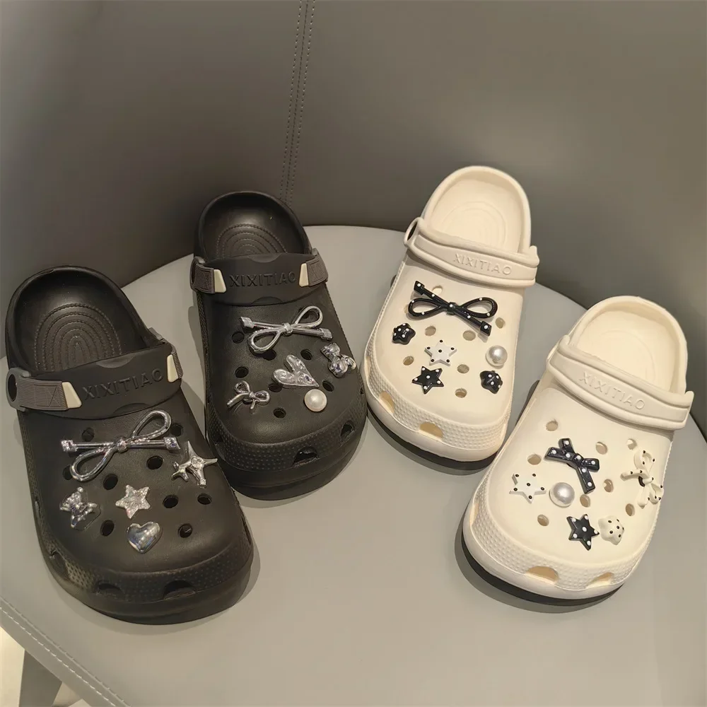 

New Black White Dot Shoe Charms Set DIY Bow Star Pearl Shoe Decorations Silver Advanced Detachable Buckle Shoes Accessories 1Set