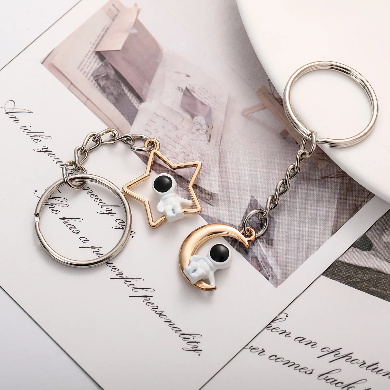 Astronauta e Moon Star Key Ring, Sweet Key Chains, Joias DIY Presentes