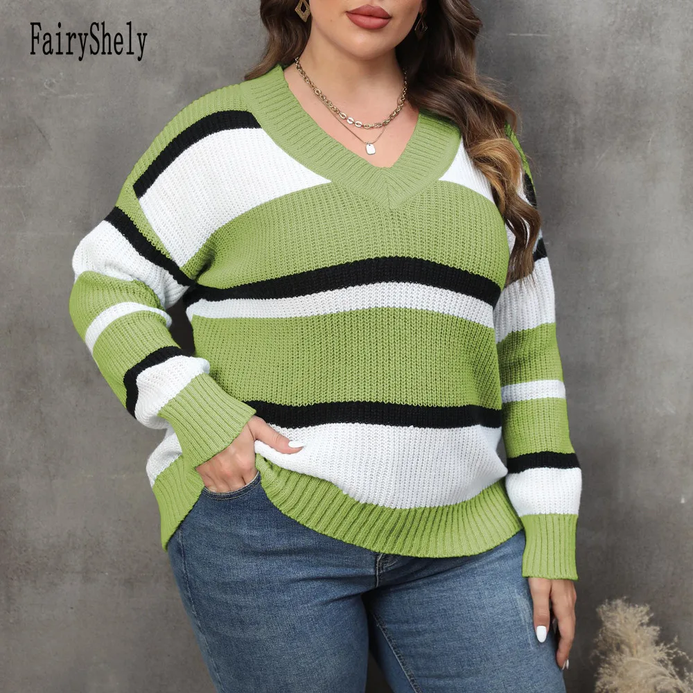 2025 sweter w paski Plus Size damski zimowy dekolt w serek duży sweter damski luźny sweter Oversize Casual duże koszulki krągła dzianina