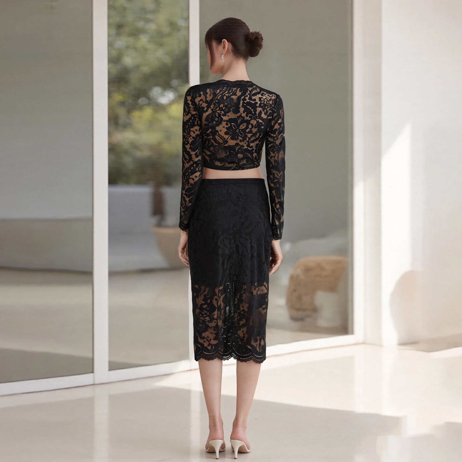 Dames zomer kanten outfits pure crop lange mouwen tops en elastische midi-rok set voor streetwear esthetische kleding