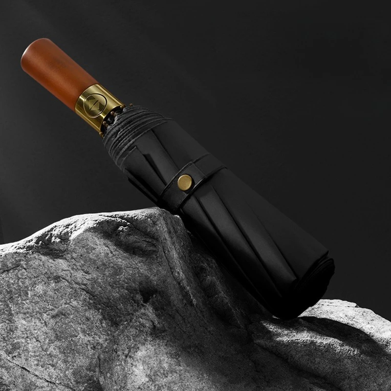 10 Bone Fully Automatic Solid Wood Folding Umbrella with High-end Feel Antique Copper Wood Handle Full Shading Sunny Umbrella