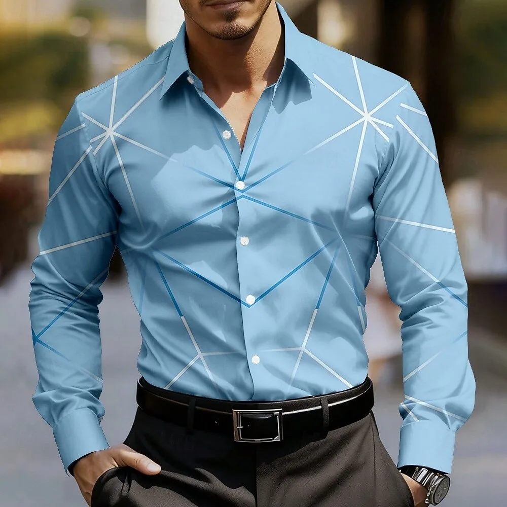 New men's fashionable geometric line printed long sleeved shirt with casual fashion design and slim fit style shirt