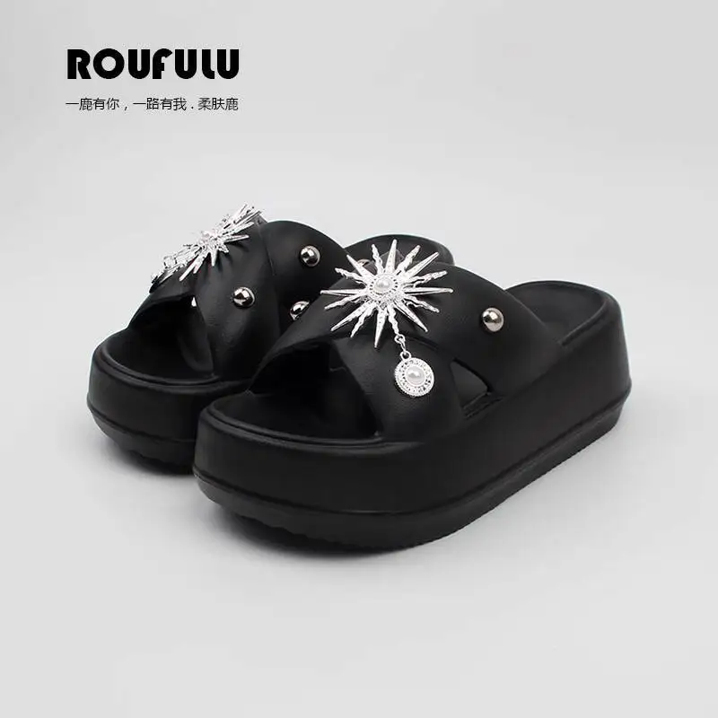 

Summer Trendy Rivet Slide Slippers for Women Original High End Thick Soled Elevated Anti-Slip Outdoor Beach Sandals
